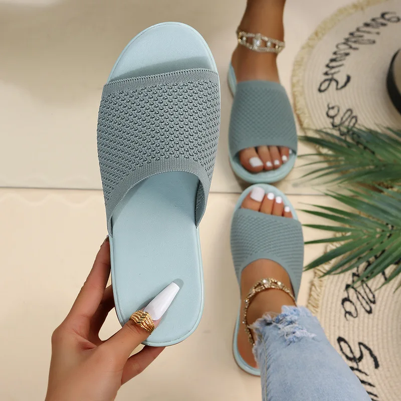 2023 Spring/Summer Flying Weaving Flat Bottom Anti Slip PU Casual Beach Shoes Flat Bottom Slippers for External Wear