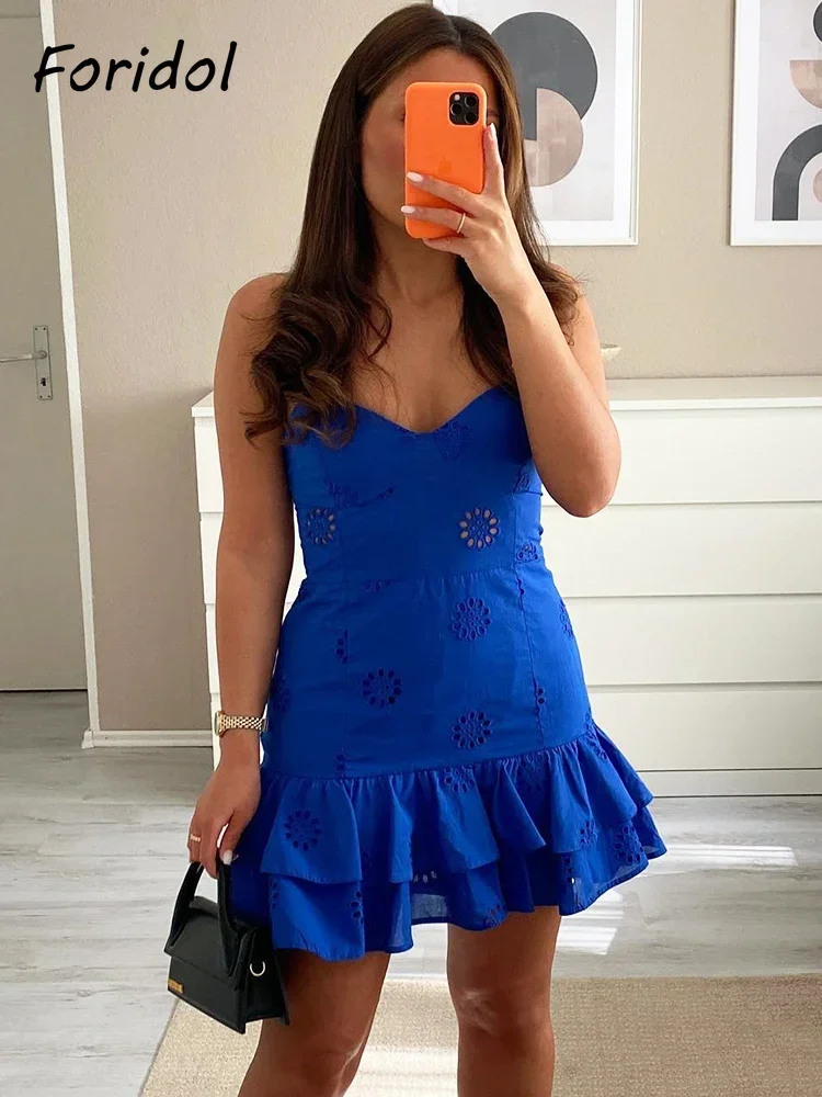 Кружевное хлопковое мини-летнее женское платье Foridol вечерние однотонные пляжные