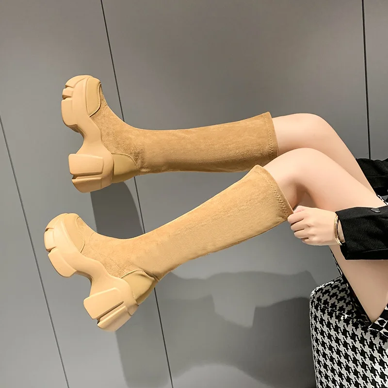 

Новинка, зимние женские длинные сапоги-носки, женские рыцарские сапоги на высоком каблуке на платформе, теплые сапоги до колена с мехом, мяг...