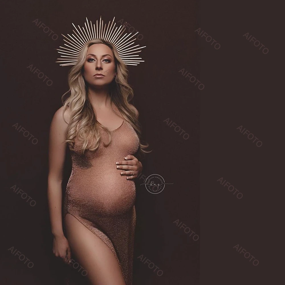 Maternity Photo Shoot Dress Gold Wire Knitted Pregnancy Woman Clothes Sexy Dresses For Photography Props Robe Outfit Accessories