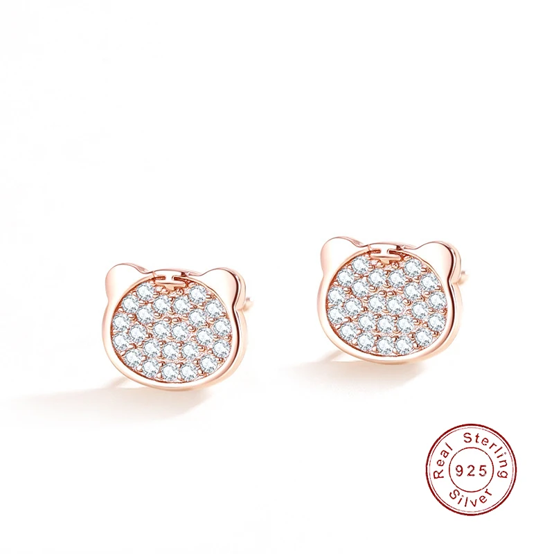 

New S925 Sterling Silver Stud Earrings Rose Gold AAA CZ Cute Small Tiger For Women Jewelry Birthday Party Gift+box