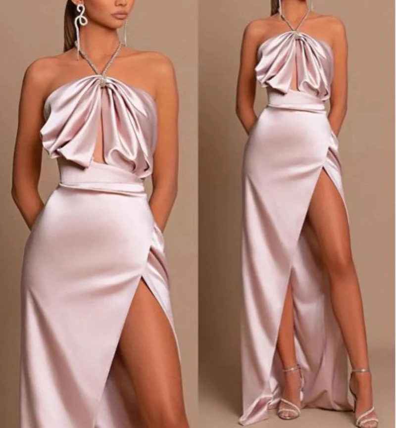 

Halter Spaghetti Strap Sexy Thigh-High Slit Dress Party Dress Pink Evening Dress vestidos de fiesta