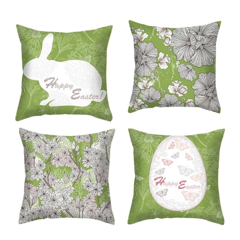 

4PCS Throw Cushion Cover Easter Rabbit Print Pillow Case Sofa Pillow Cover Home Decor Pillowcases 45X45cm Green White