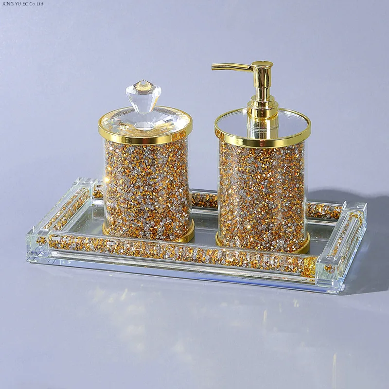 

Light Luxury Diamond Broken Crystal Glass Soap Dispenser Bathroom Decoration Shampoo Bottle Cotton Swab Box Tray Wedding Gift