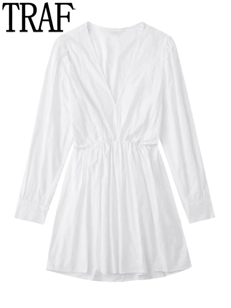 

TRAF 2022 Embroidery Floral Dress Woman White Short Dress Women Long Sleeve Mini Summer Dresses Ladies Ruched Casual Dresses