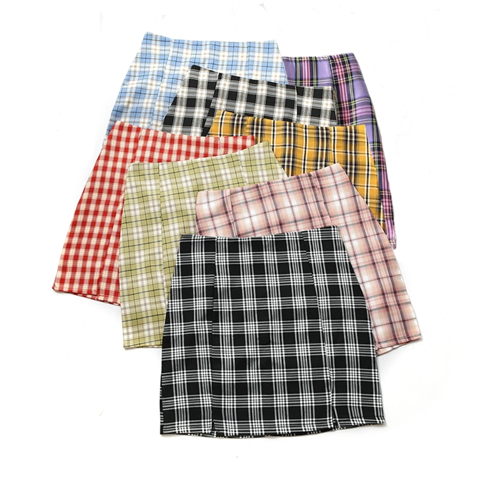 

Women Plaid Skirt Streetwear Slim A-line Skirt High Waist Split Short Skirt harajuku Lattice skirts womens