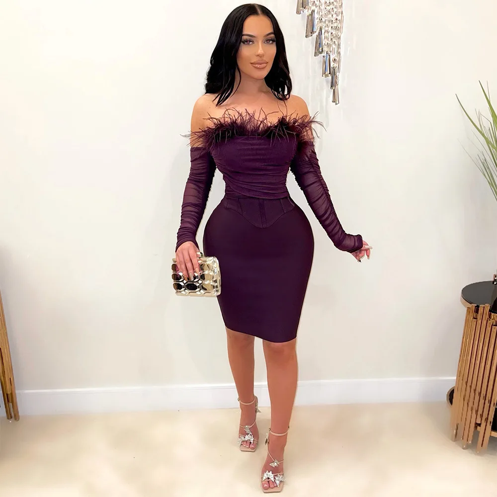 

Women's Dress Tube Top Feather Lace Fashion Bodycon Solid Color Dress Autumn Spring Fashion Party Dresses Female Clothing