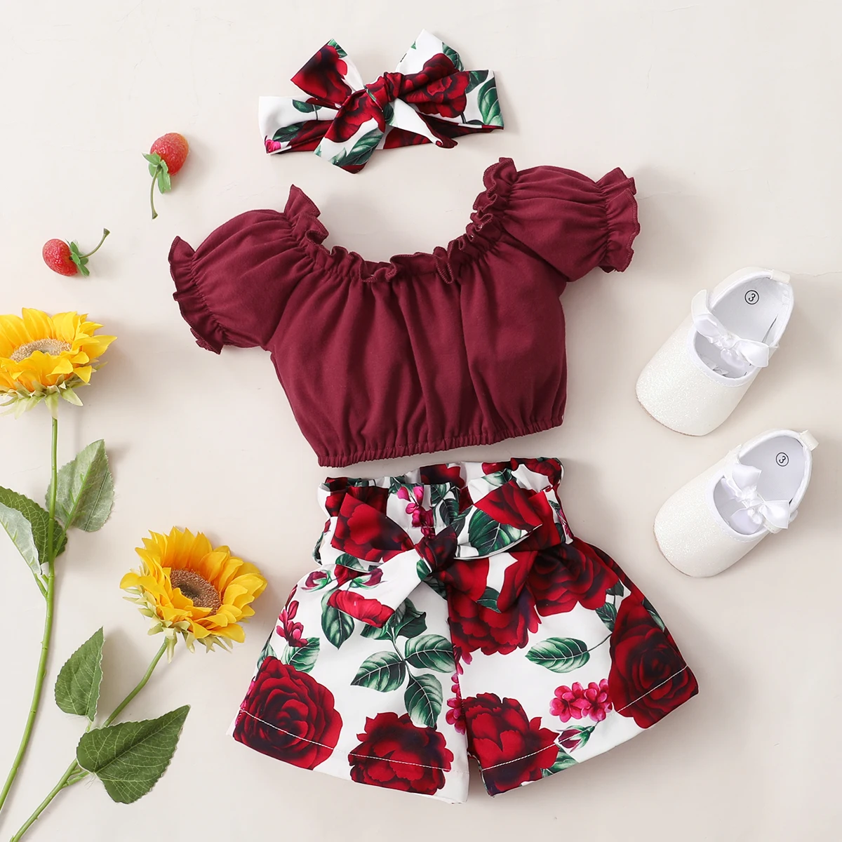 

New Born Baby Girls Clothes Sets Solid Color Bubble Short Sleeve Tops Floral Print Shorts Infant Fashion Clothing Suit Headband
