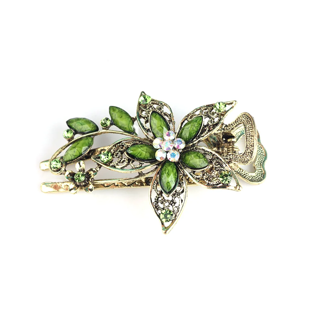 

Hair Clip Clips Vintage Barrettes Flower Barrette Claw Crystal Green Metal Floral French Women Clamp Rhinestone Accessories