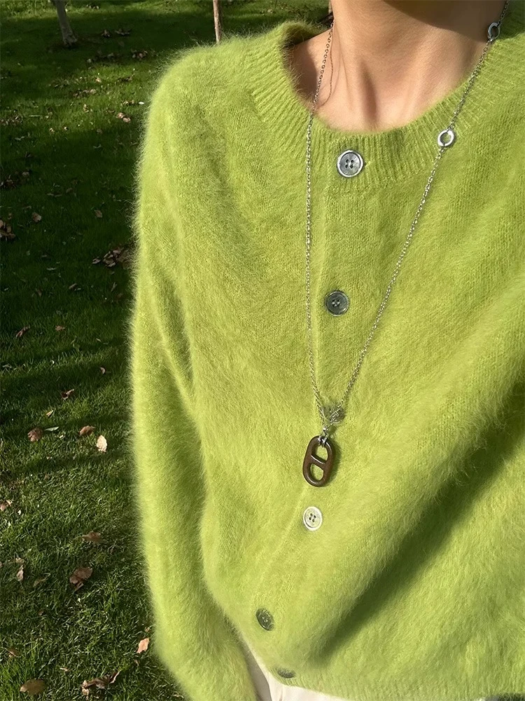 Milk Huhu Soft Glutinous Green Mink Velvet Sweater Outerwear Women Autumn and Winter Idle Sle Loose Outer Wear Knit cardiga...