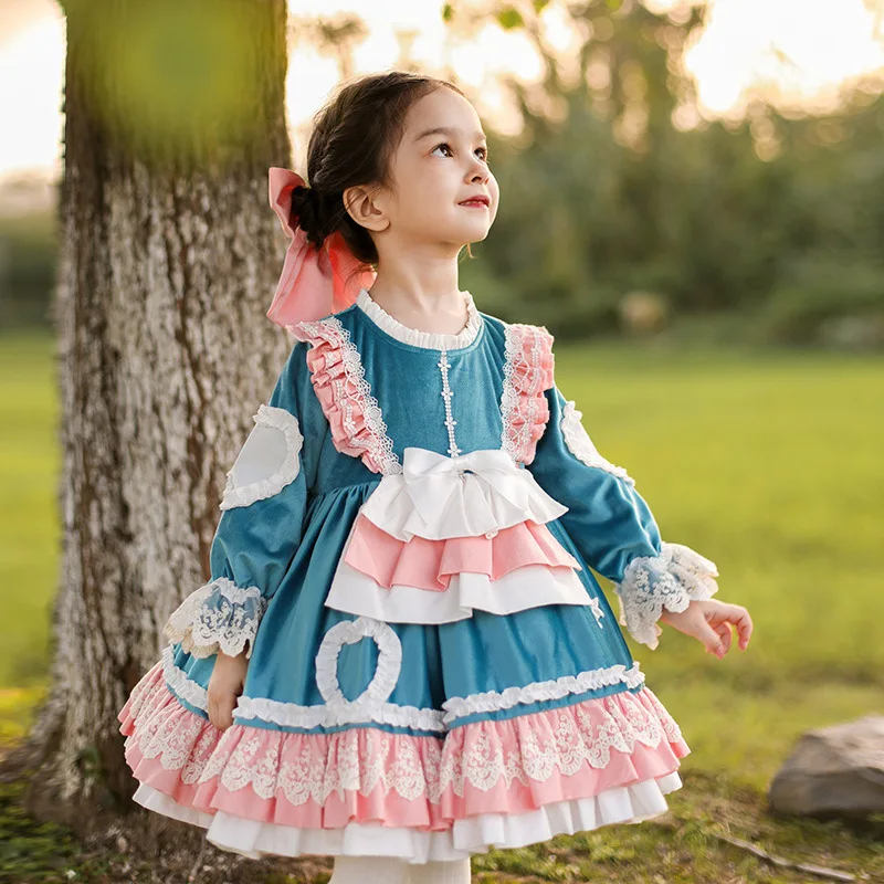 2022 Spring Spanish Style Lolita Dress For Toddler Girls Cute Sweet Lace Loose Hem Ball Gowns With Bow Children Party Dresses