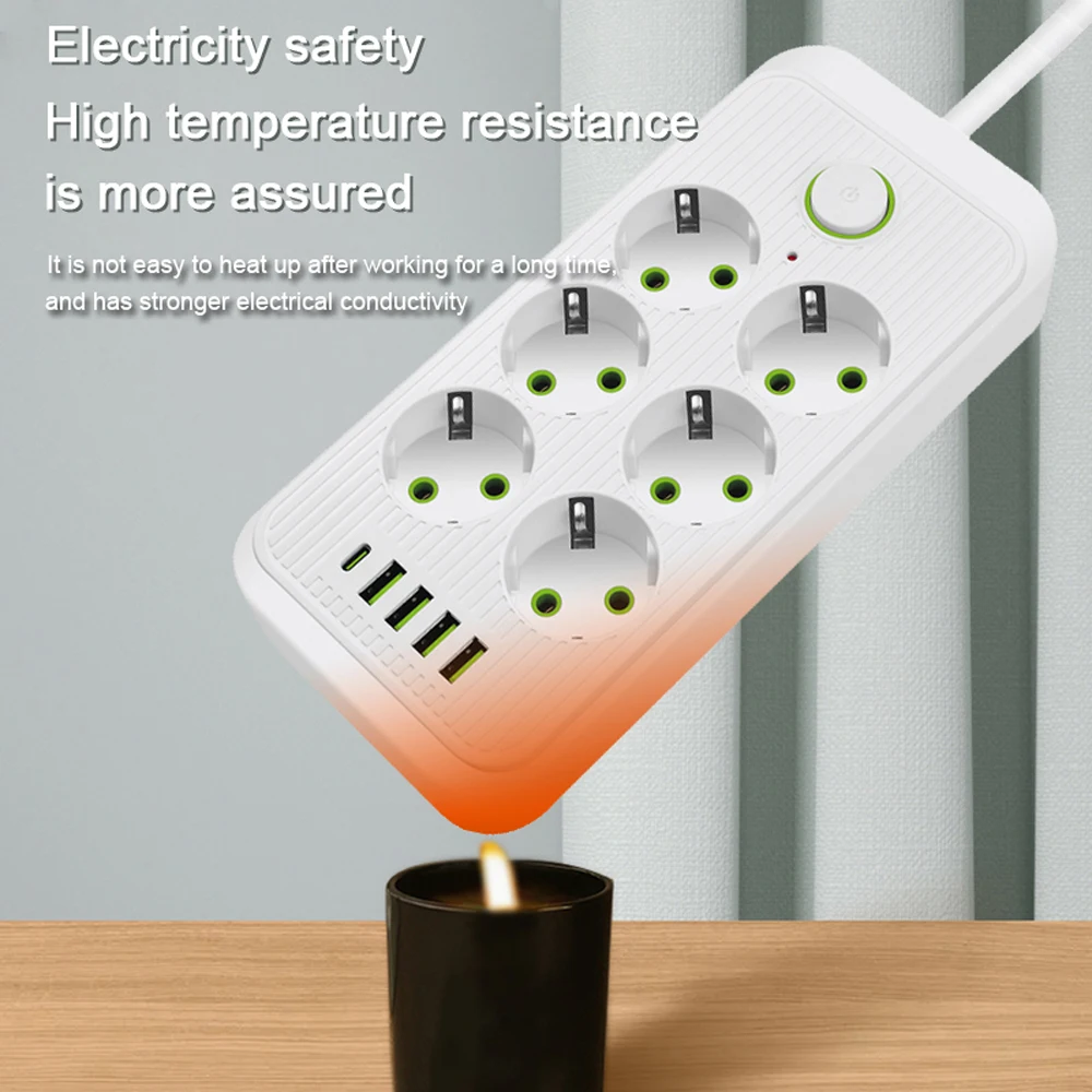 Сетевой удлинитель с европейской вилкой и защитой от перегрузки портами USB Type-C