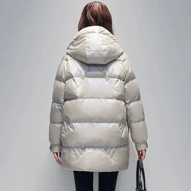 Women's Winter Warm Windproof Hooded Parkas Fashion Glossy Stand Collar Snow Coat Solid Warm Cotton Jacket Loose Zip Up Overcoat