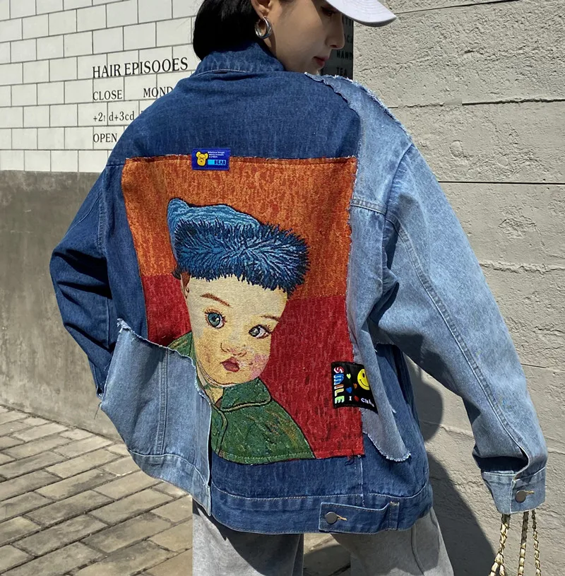 

2022 Spring Fashion Women Printed Funny Boy Loose Punk Denim Jacket Coat Female Patchwork Stylish Outwear Clothing for Ladies