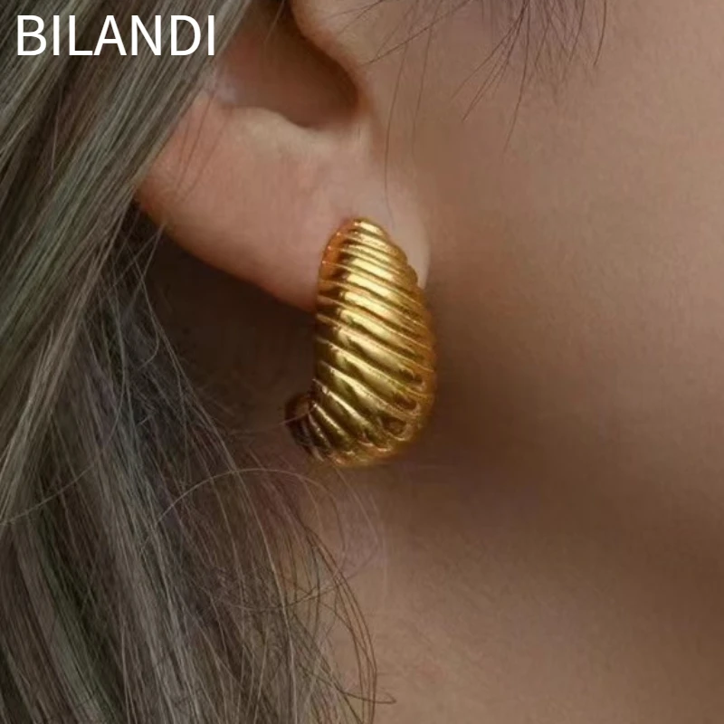 

Bilandi Trendy Jewelry Accessories 925 Silver Needle Texture Surface Metal Gold Color Drop Earrings For Women Party Gift