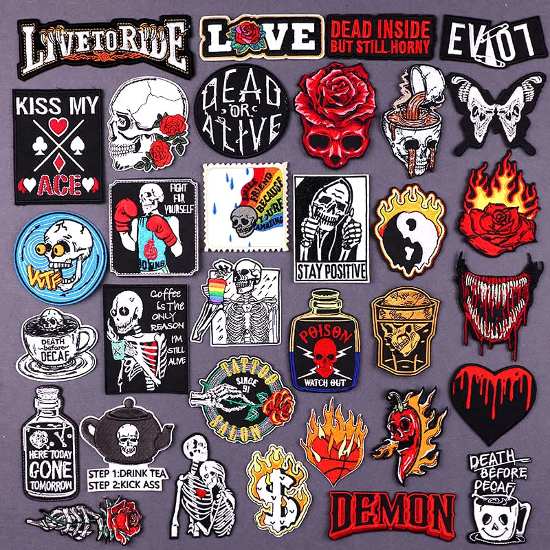 

Punk Skull Patch Iron On Patches On Clothes Flame Skeleton Embroidered Patches For Clothing Stickers Sewing Applique Badges DIY