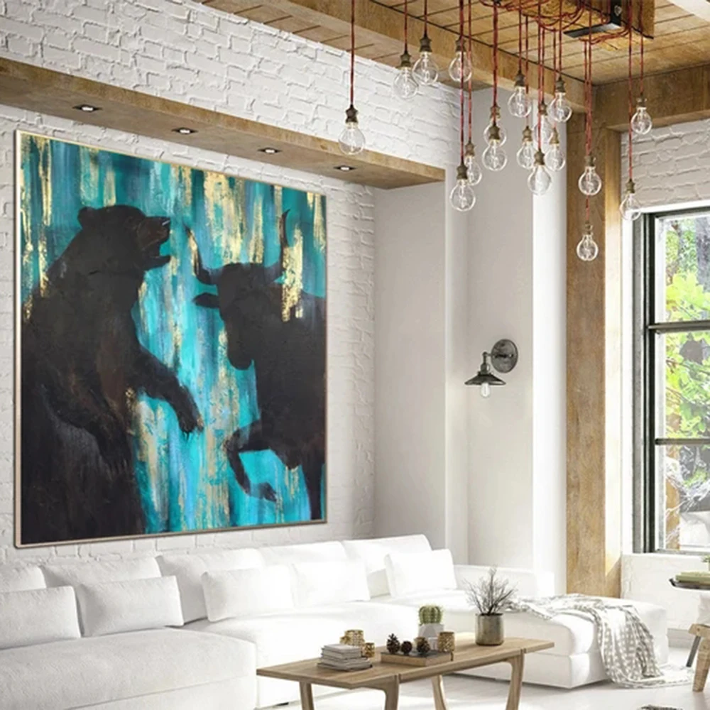 

Abstract Stock Market Artwork Animal on Canvas Stock Exchange Gold Leaf Painting Modern Blue Wall Art Gift for Traders inch 6)