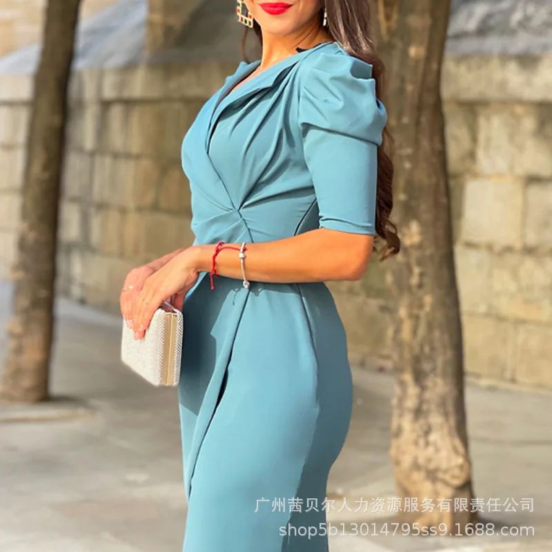 

Women Spring Summer New Blue Professional Suit Skirt Knee Length Solid Color V Neck Short Puff Sleeve Lapel Fake Two Pieces