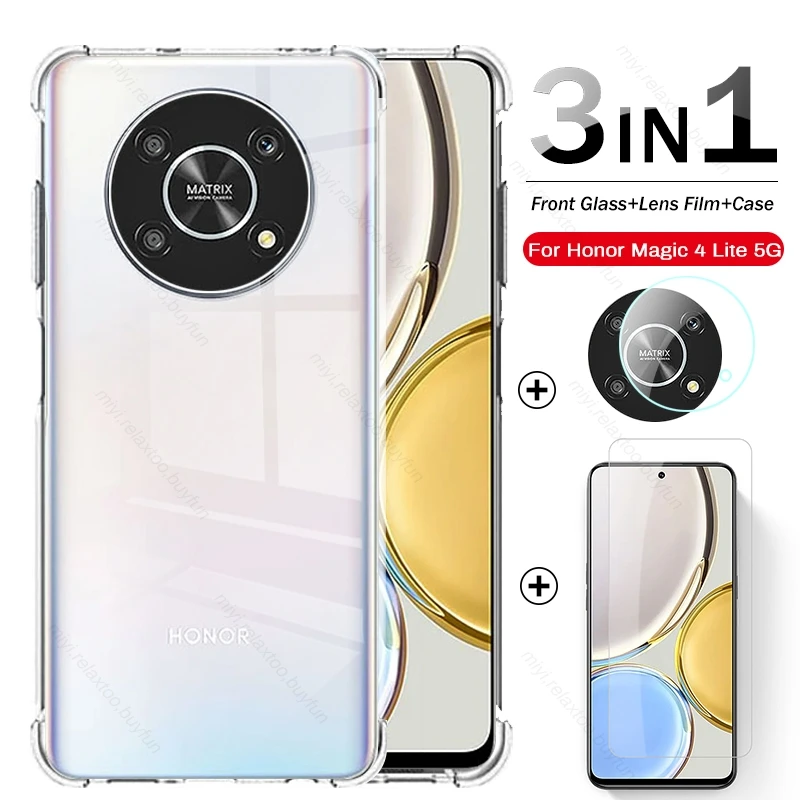 

1to3 Soft Case + Camera Tempered Glass On Honar Honer Magic 4 Lite 4Lite Light Screen Protector Film For Honor Magic4 Lite 4G 5G