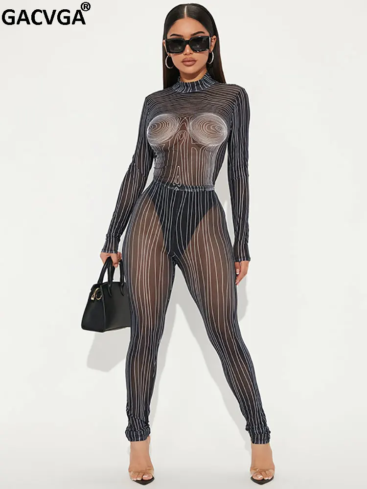 

Женский сетчатый боди с длинным рукавом и брюки в полоску