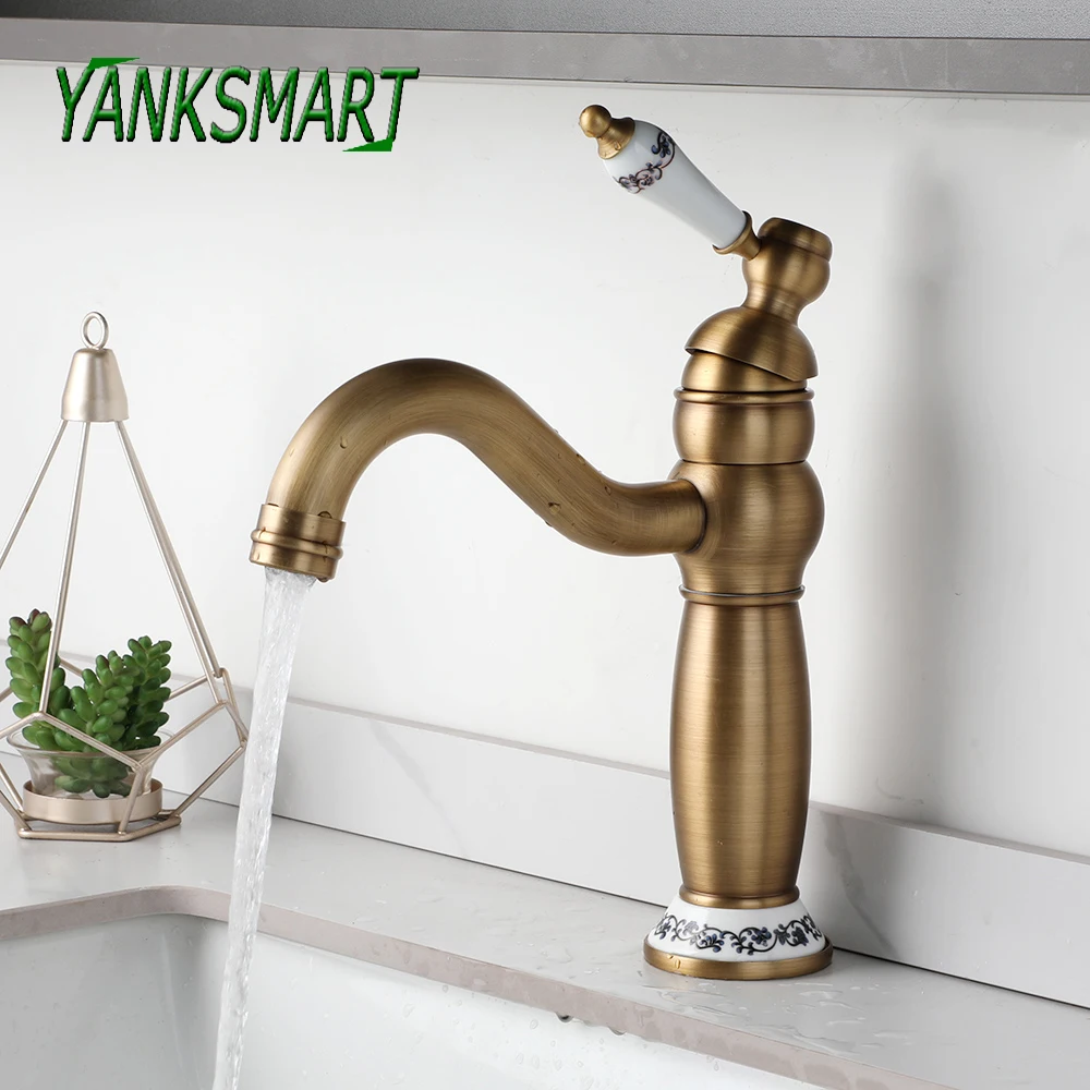 

YANKSMART Antique Brass Bathroom Faucet Deck Mount Ceramic Single Handle Basin Crane Long Spout Lavatory Sink Hot Cold Mixer Tap