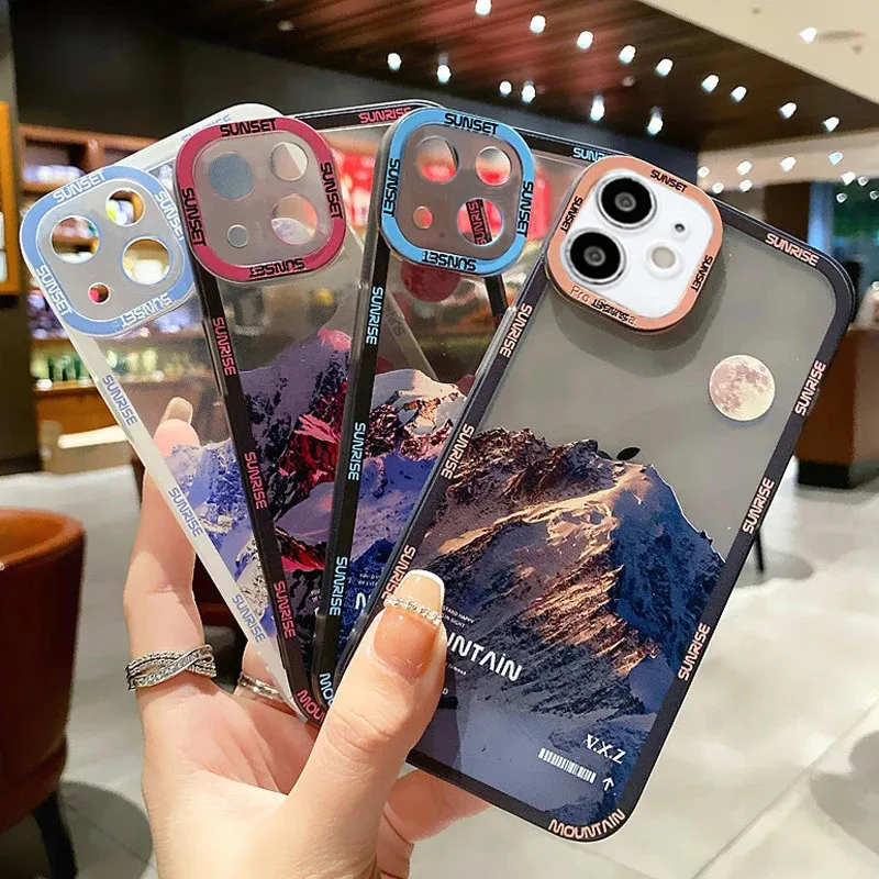 snow mountain sunset phone case for iphone 13 12 mini 11 pro max xr x xs max 7 8 plus soft shockproof bumper clear back cover free global shipping