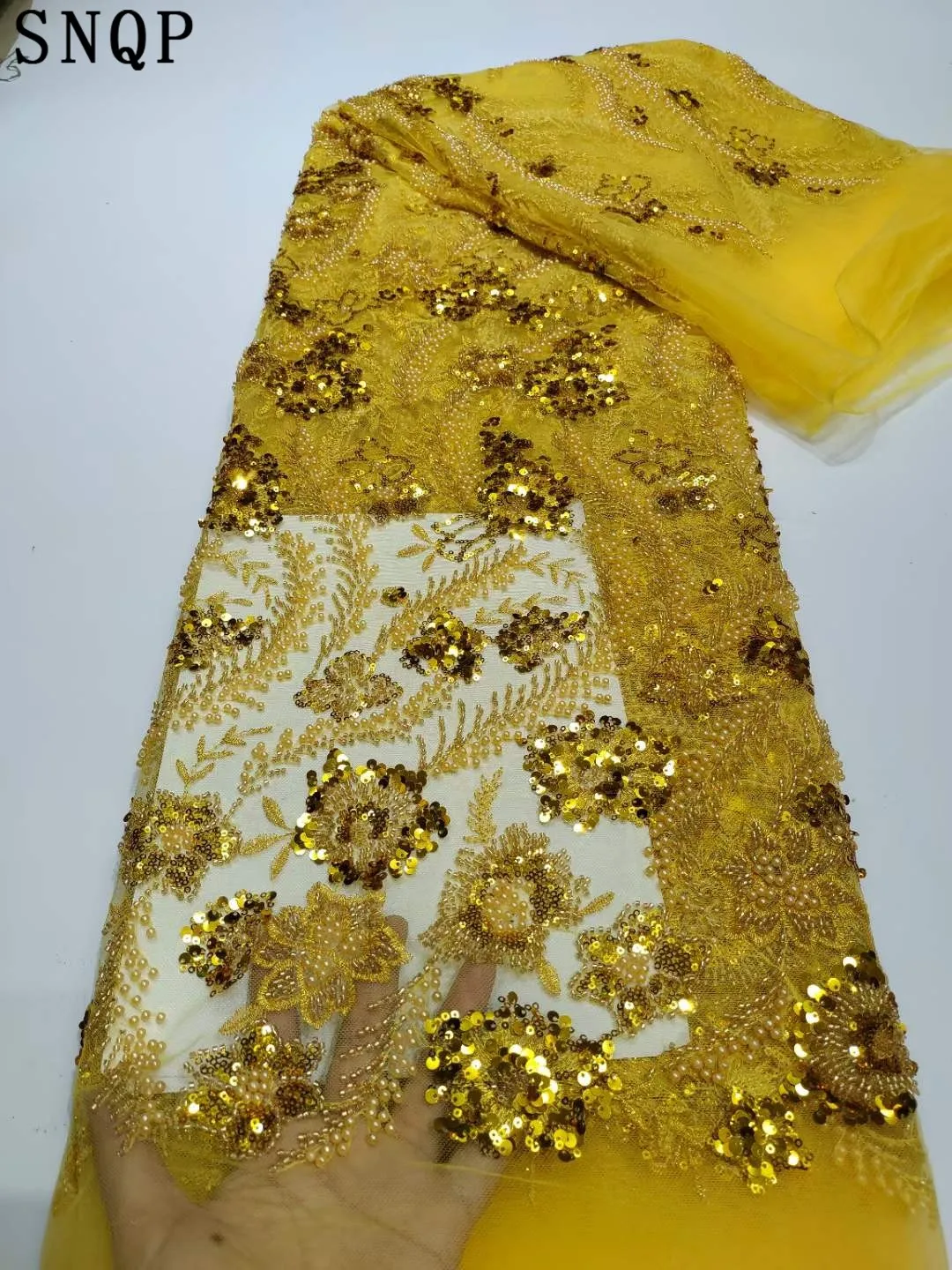 

High Quality Embroidered Groom Beads Lace Fabric 5 Yards French Sequins Mesh Tulle Lace Fabric For Women Wedding Dress