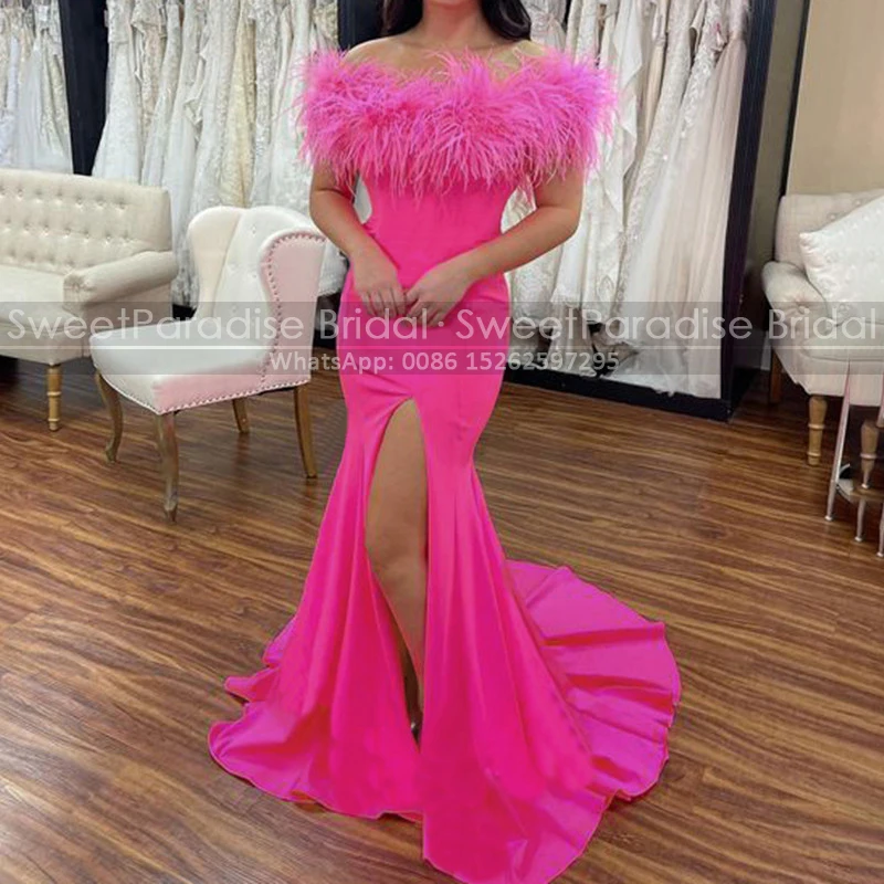 

Hot Pink Feather Off Shoulder Prom Dresses Sexy High Split Mermaid Long Sweep Train Aso Ebi Women Formal Evening Dress