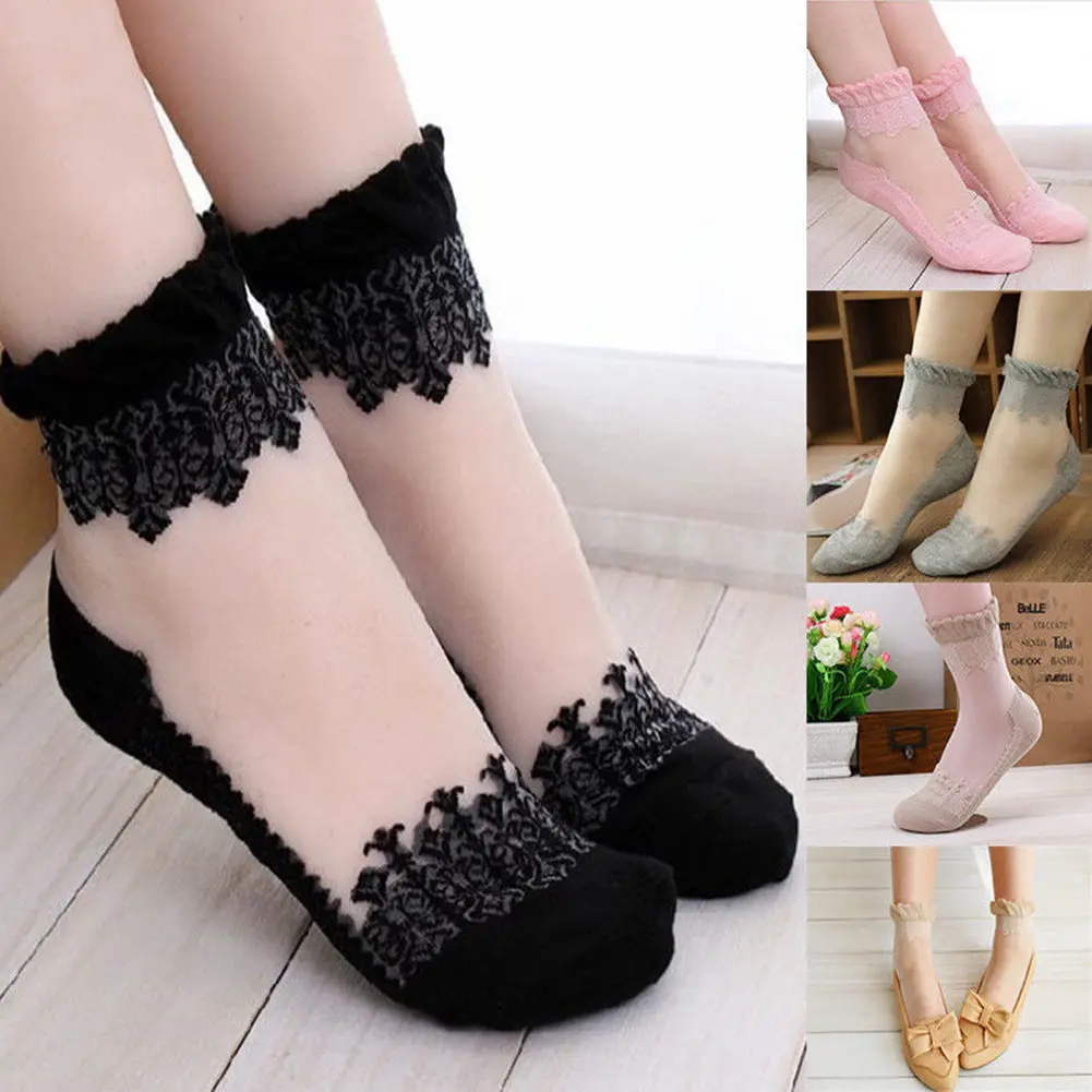 

Sexy Lace Mesh Socks Ultrathin Lace Embroidery Silk Transparent Glass Crytal Stretch Women Soft Elastic Breathable Socks