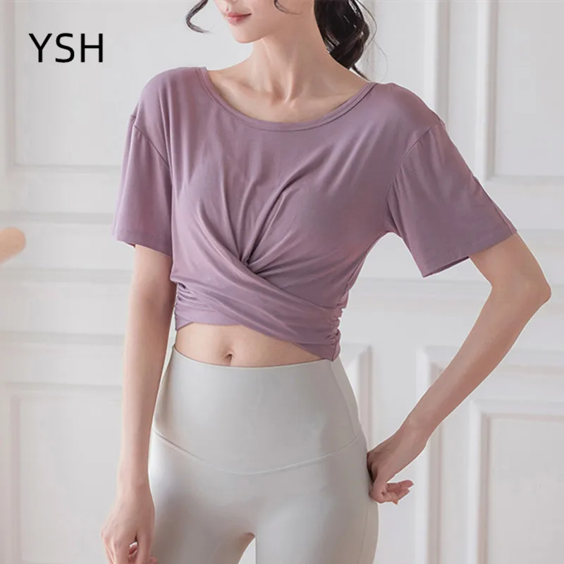 

Летние бандажные Топы YUSHUHUA для йоги с перекрестным подолом и коротким рукавом, футболка для фитнеса, женские Влагоотводящие спортивные топы для бега, тренажерного зала, быстросохнущие