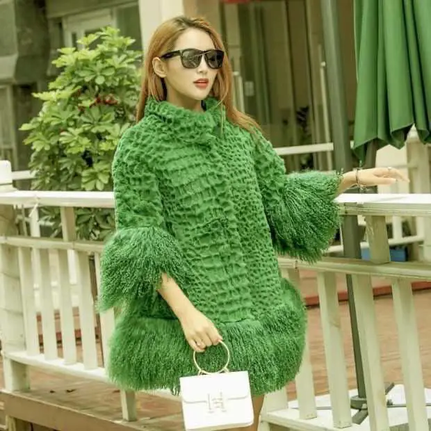 Женская модная шуба из натурального кроличьего меха с рукавами овечьего