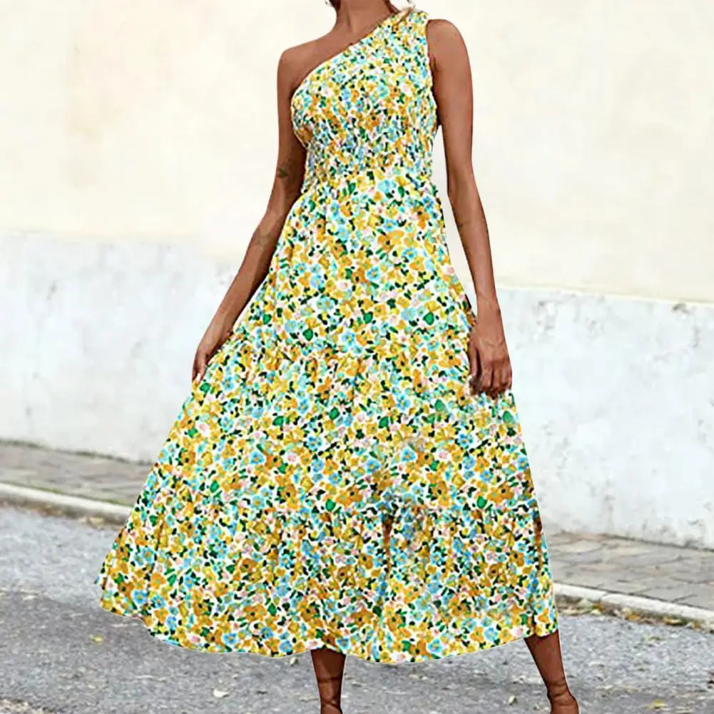

Sexy One Shoulder Floral Dress FOR Women 2022 Summer Dress Sleeveless Midi Dress Women Large Hem A-Line Dress vestidos feminino