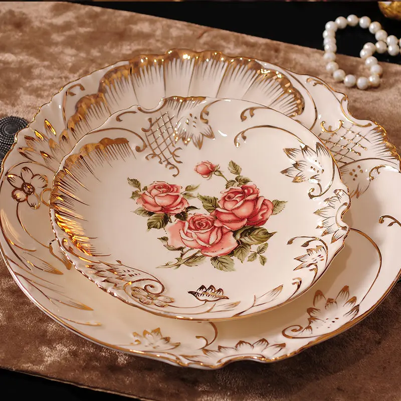 

European-style ceramic tableware gold-plated edge rose ceramic gold-plated dishes inventory heart dish fruit dish dish snack