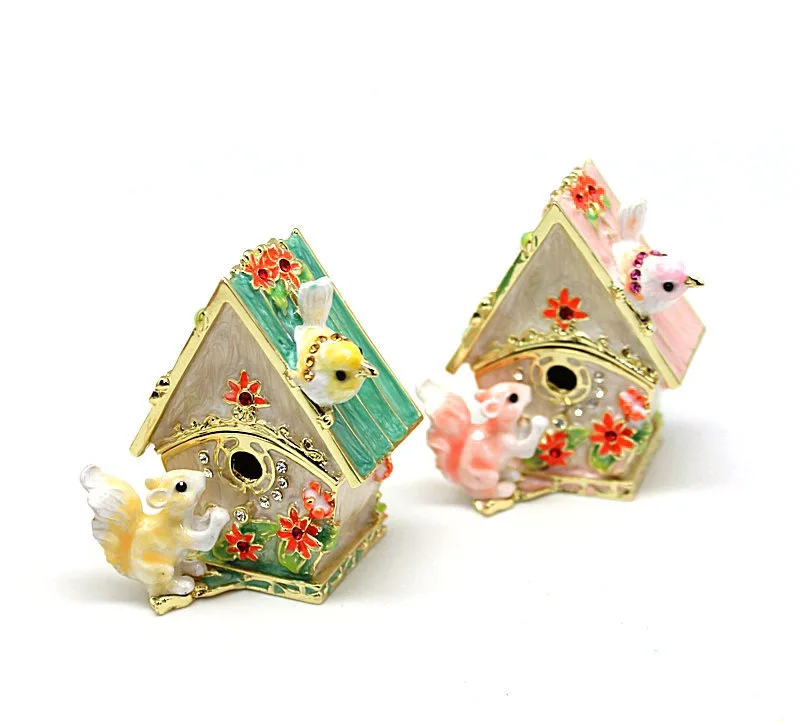 Squirrel Bird House Trinket Box Hinged Enameled Jewelry Box Hand-Painted Classic Animals Ornaments Craft Gift