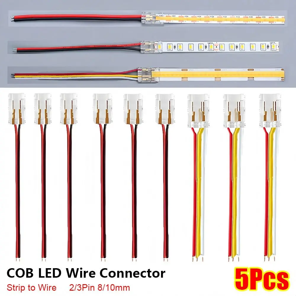 Фото Набор из 5 шт. 2/3-контактных COB LED-коннекторов для подключения ленты к проводу, 8/10 мм, мини-зажимы, беспаечные соединители для светодиодных лент №5