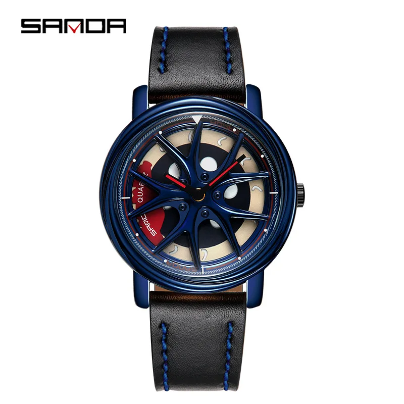 

SANDA Men Watch Top Brand Luxury Military Sport Quartz Wristwatch Waterproof Leather Car Wheel Rotate Dial Relogio Masculino