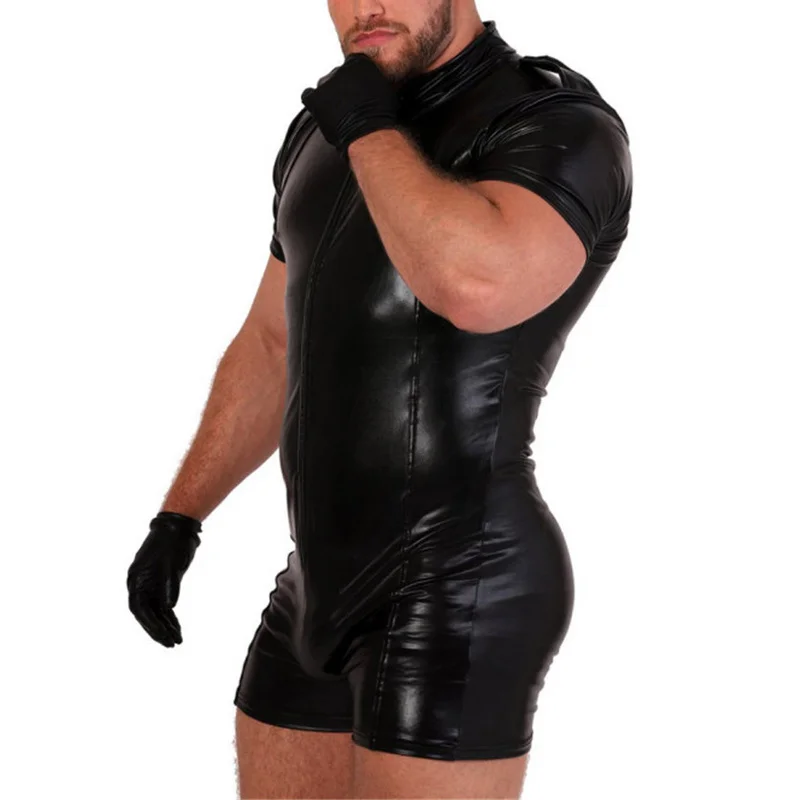 Mens Bodysuits PU Leather Catsuit Zip Short Sleeve Leotard Wrestling Singlet One-piece Jumpsuit Party Night Clubwear With Gloves