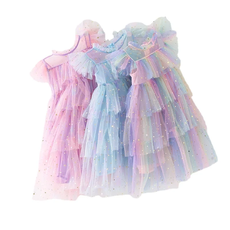 

1-12T Girls Fly Sleeve Rainbow Star Sequin Tulle Cake Dresses Super Fairy Princess Dress Kids Mesh Puffy Birthday Party Vestidos