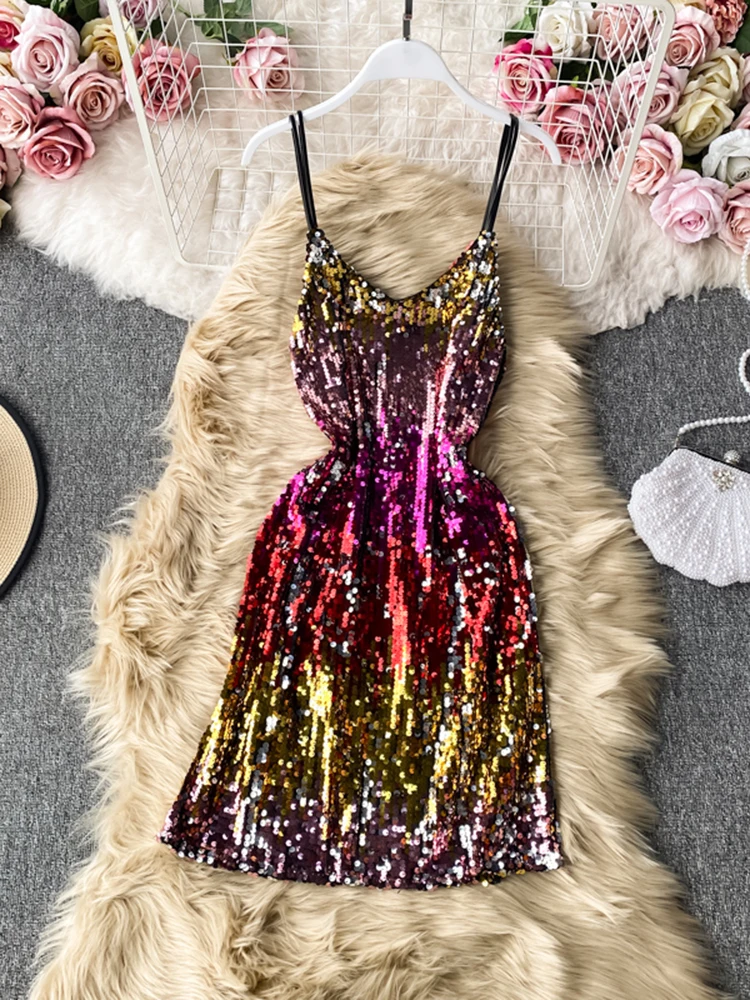 

Women Sequined Dress Chic Sexy night club Strap Dress Summer Super Shiny Sleeveless O-neck Summer Beach Dress Ins Hot SP061