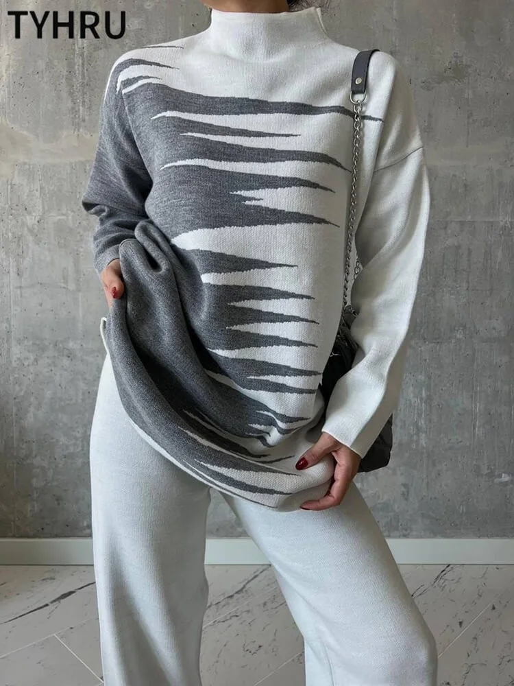 

TYHRU Autumn Winter Women's tracksuit Color Matching Half Turtleneck Loose Pullover Sweater+Trousers Suits Knitted 2 Piece Sets