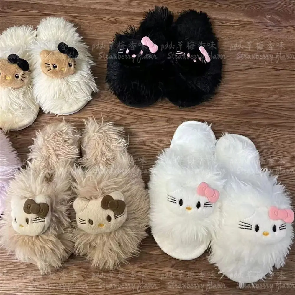 Новые корейские милые пушистые тапочки Hello Kitty с высокой красивой плоской