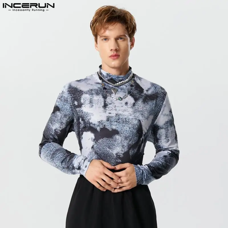 

INCERUN Tops 2023 American Style Stylish Mens Halo Dyed Graffiti Printed T-shirt Leisure Street O-neck Long Sleeved Blouse S-5XL