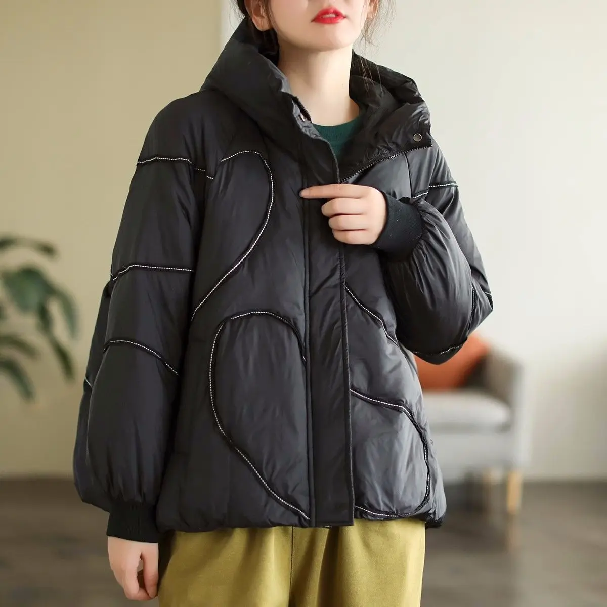 Women 2023 New Winter Korean Style White Duck Down Loose Jackets Fashion Casual Ladies Long Sleeve Hooded Coats Tops C56