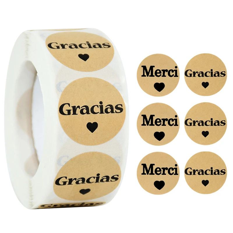 

500Pcs Thank You Stickers Meric French Gracias Spanish Personalized Sticker Tags for Wedding Birthday Party Gift Packaging Label