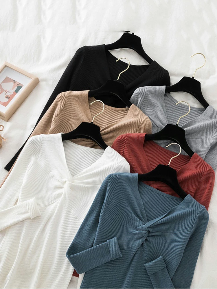 

Женские пуловеры, свитер, вязаный, корейский, эластичный, Повседневный, 2022, Осень-зима, джемпер, тонкий, v-образный вырез, теплые женские свите...