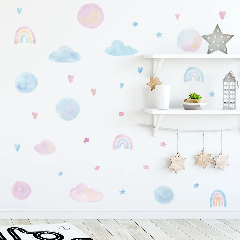 

Watercolor Rainbow Wall Decals Removable Watercolor Sun Cloud Wall Sticker for Room Nursery Baby Kids Girl Teen Bedroom Decor