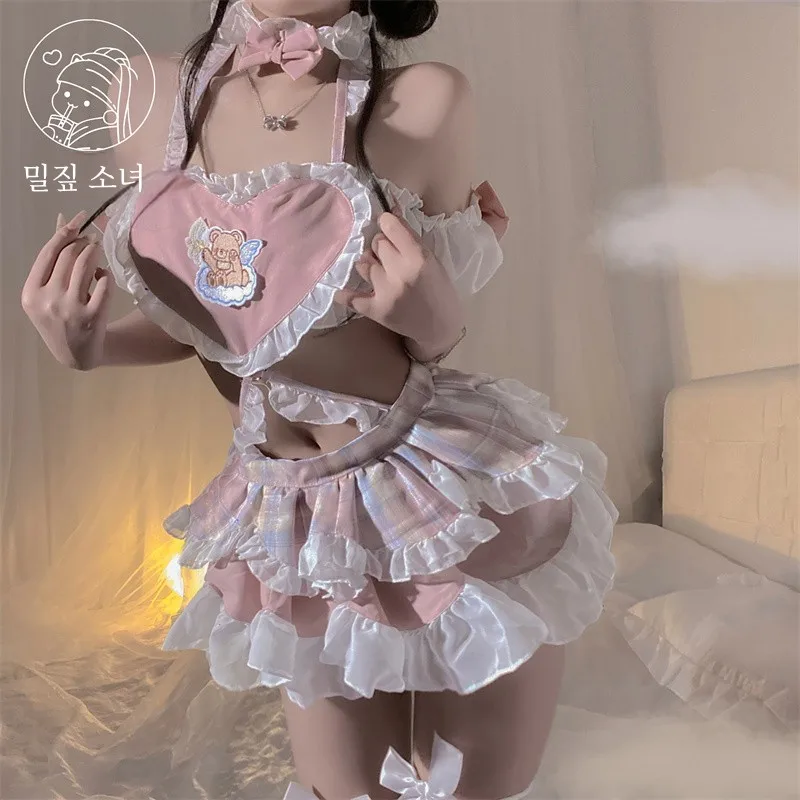 Розовая женская униформа горничной в форме сердца с оборками женское