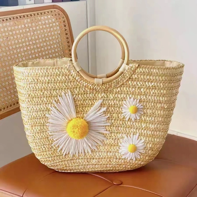 

Summer New Straw Bag for Women Design Daisy Pattern Handwoven Handbag Large Capacity Circular Handle Half Moon Tote Beach Bag