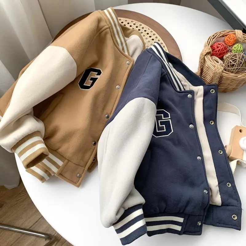 

Boys' Fleece-Lined Jacket Autumn and Winter Clothing 2021 New Fashion Baby Baseball Uniform Children Autumn Handsome Jacket