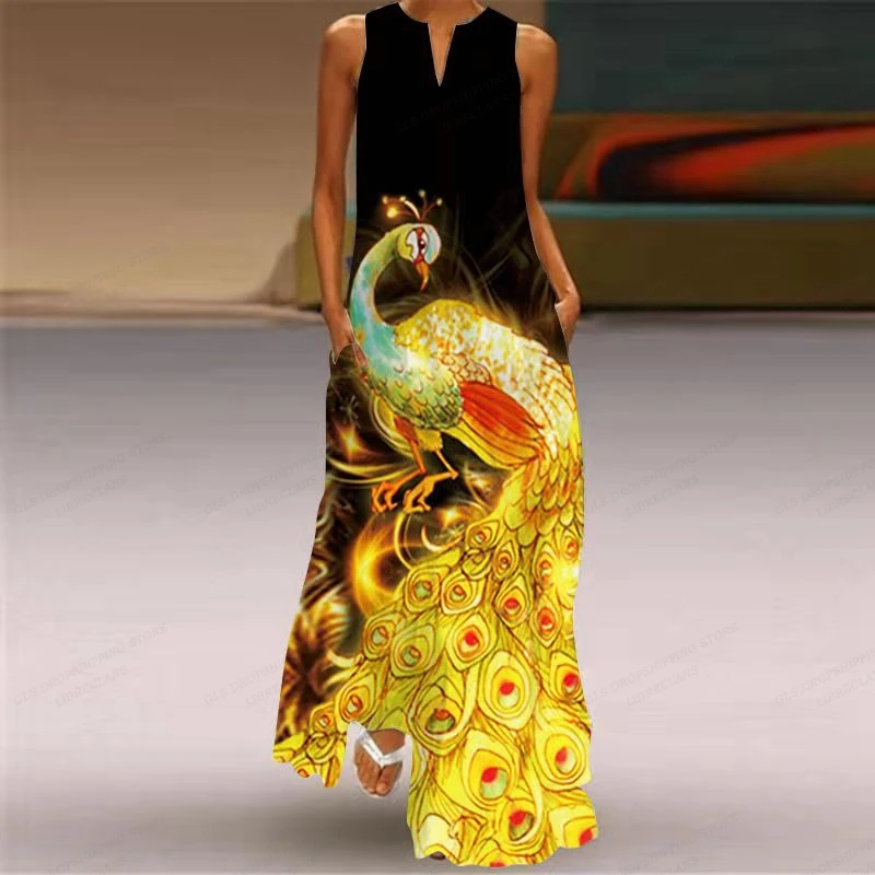 

Peacock Print Dress Sleeveless Loose Casual Long Dresses Party Evening Bohemian Beach V-neck Maxi Vestidos Space Robes Luxury